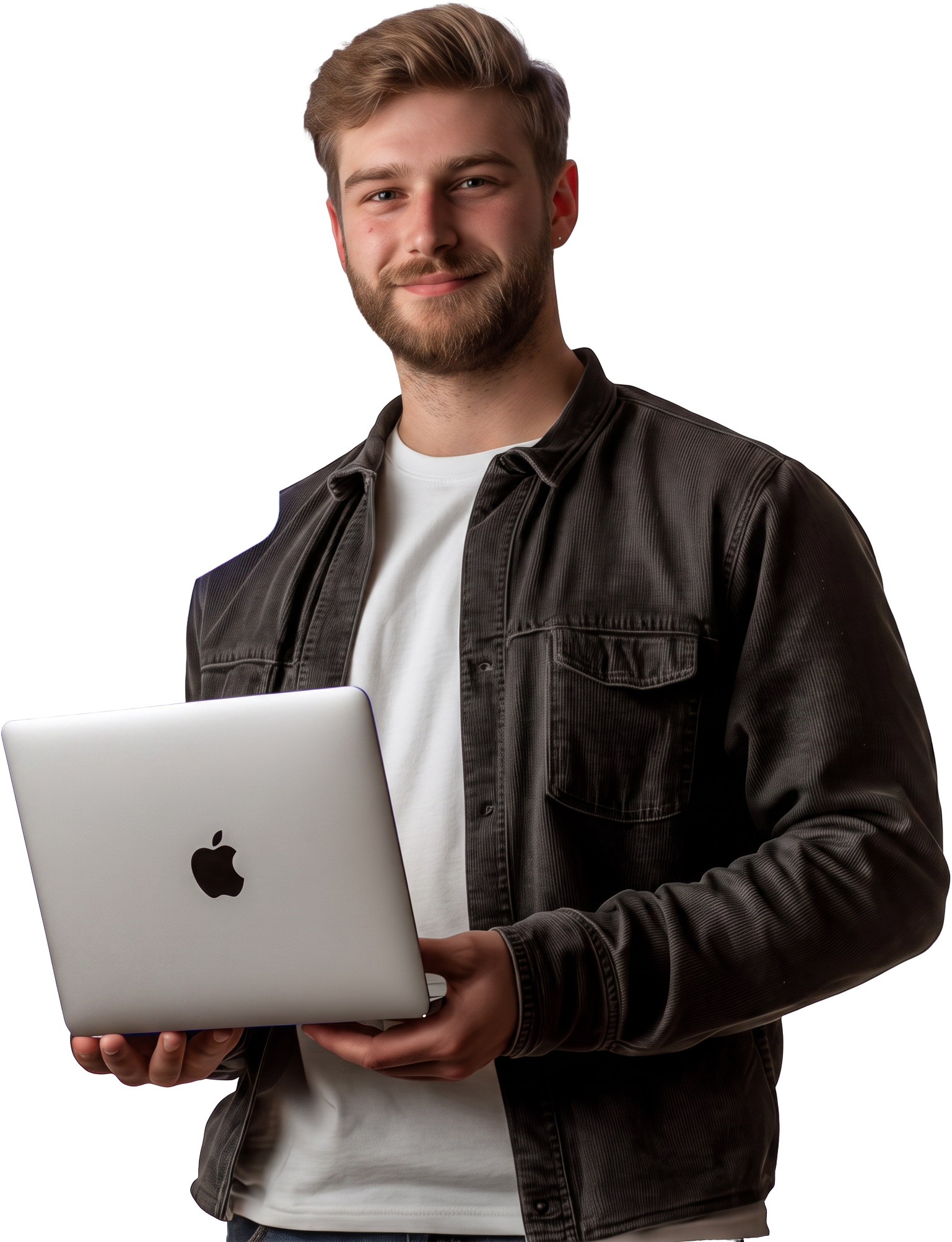 Especialista da Stack Tecnologias segurando um notebook